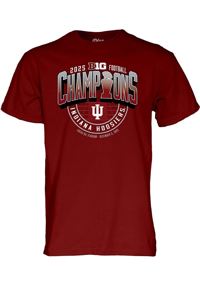 Indiana Hoosiers Red Blue 84 2025 Big Ten Football Champions Locker Room Short Sleeve T Shirt