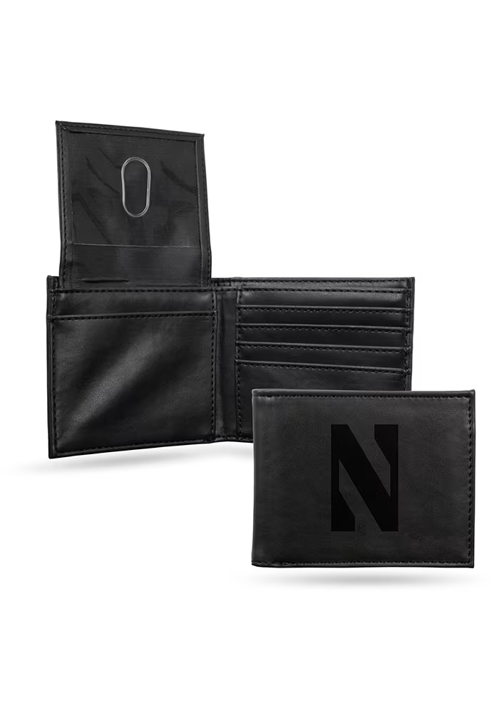 Embossed Leather Northwestern Wildcats Mens Trifold Wallet - Black