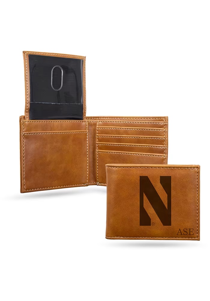 Personalized Laser Engraved Northwestern Wildcats Mens Bifold Wallet - Brown