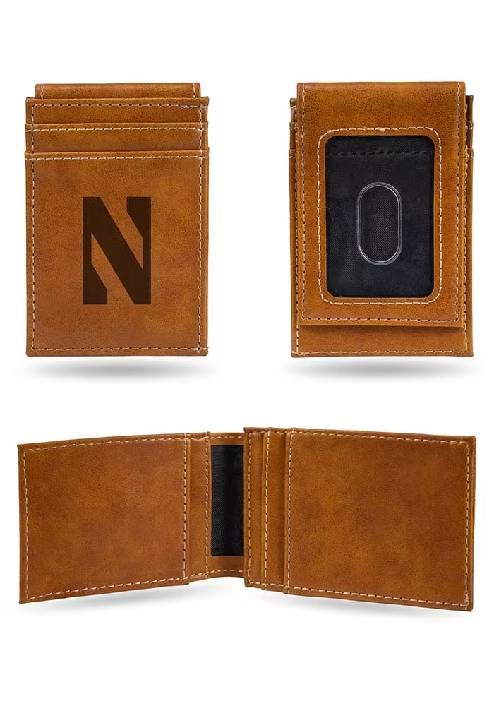 Laser Engraved Northwestern Wildcats Mens Bifold Wallet - Brown