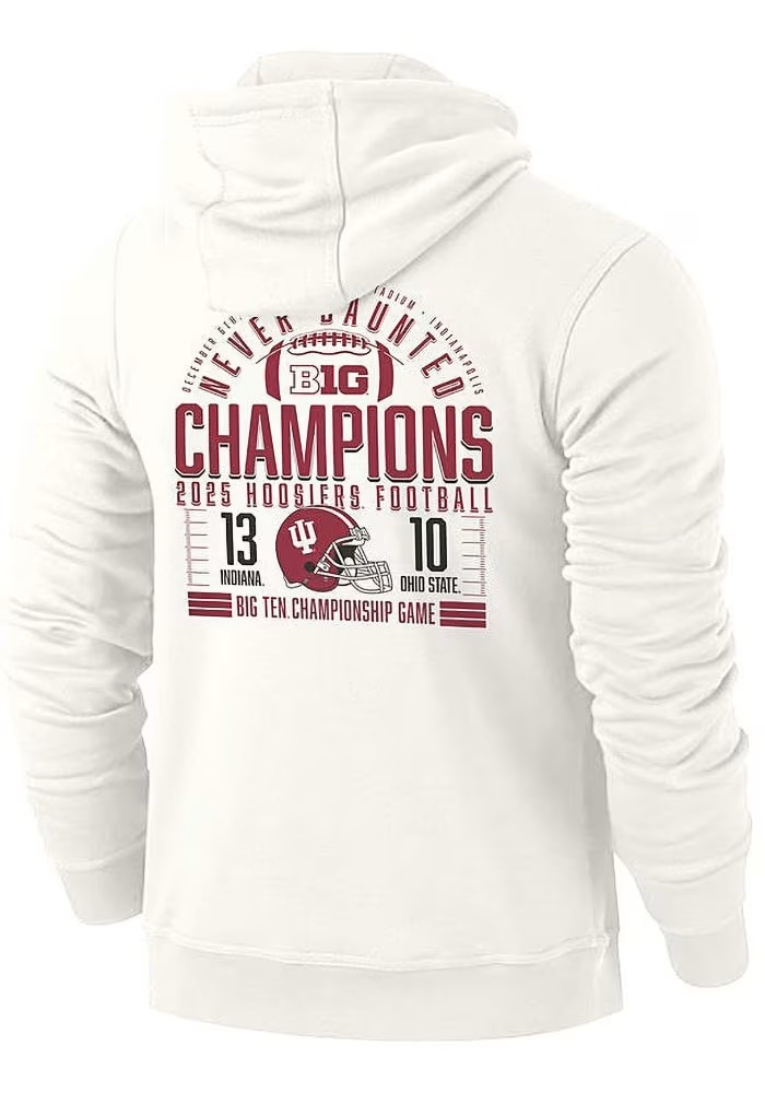 Mens Ivory Indiana Hoosiers 2025 Big Ten Football Champions Never Daunted Hooded Sweatshirt