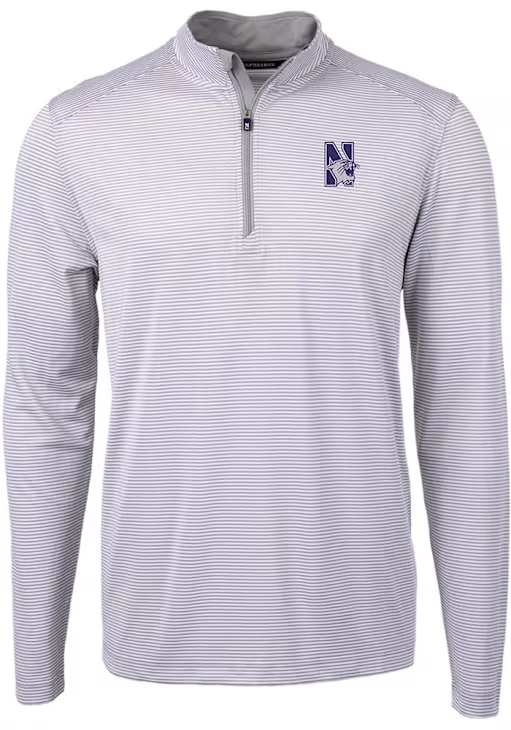 Mens Northwestern Wildcats Grey Cutter and Buck Virtue Eco Pique Micro Stripe Qtr Zip Pullover