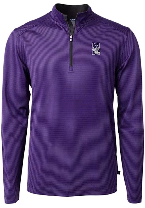 Mens Northwestern Wildcats Purple Cutter and Buck Virtue Eco Pique Micro Stripe Qtr Zip Pullover