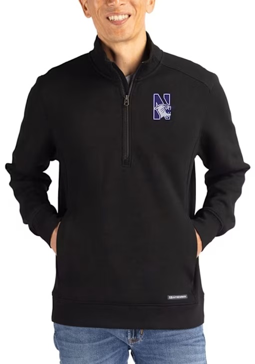 Mens Northwestern Wildcats Black Cutter and Buck Roam Qtr Zip Pullover