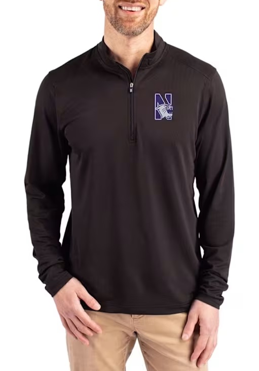 Mens Northwestern Wildcats Black Cutter and Buck Virtue Eco Pique Qtr Zip