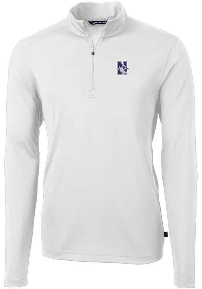 Mens Northwestern Wildcats White Cutter and Buck Virtue Eco Pique Qtr Zip Pullover