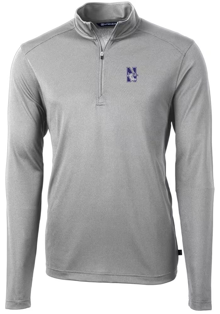Mens Northwestern Wildcats Grey Cutter and Buck Virtue Eco Pique Qtr Zip Pullover