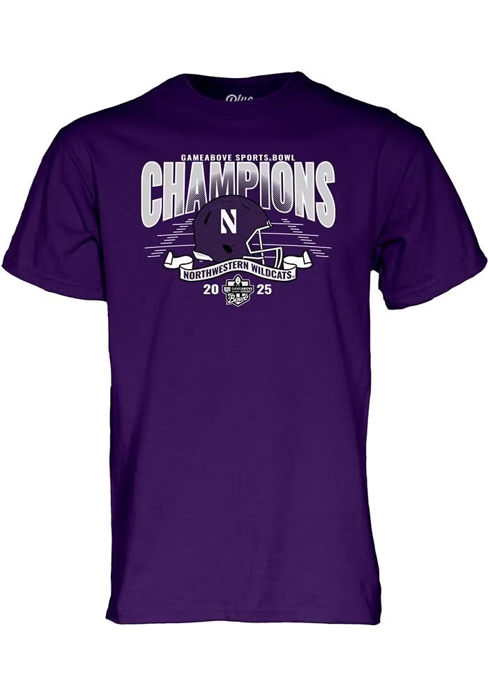 Northwestern Wildcats Purple Blue 84 2025 Game Above Sports Bowl Football Champions Short Sleeve T..