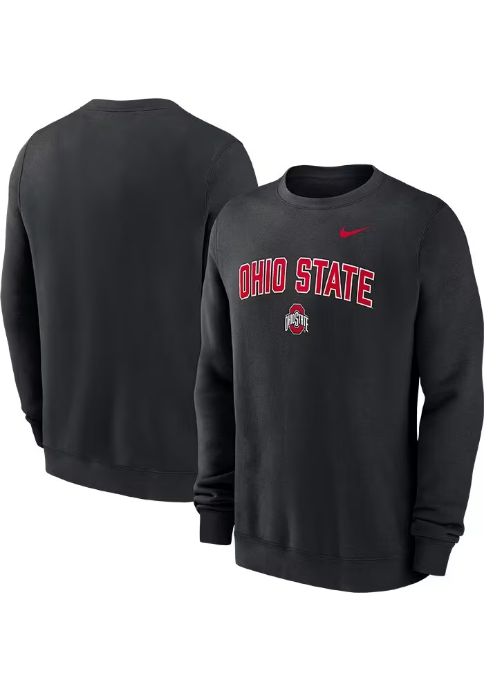 Mens Ohio State Buckeyes Black Nike Arch Mascot Club Fleece Crew Sweatshirt
