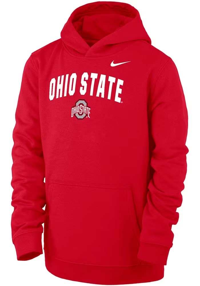 Youth Ohio State Buckeyes Red Nike Club Arch Mascot Long Sleeve Hooded Sweatshirt