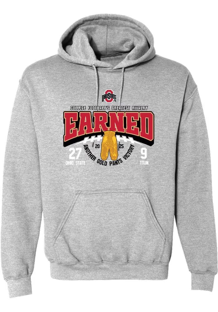 Mens Grey Ohio State Buckeyes 2025 Gold Pants Earned Hooded Sweatshirt