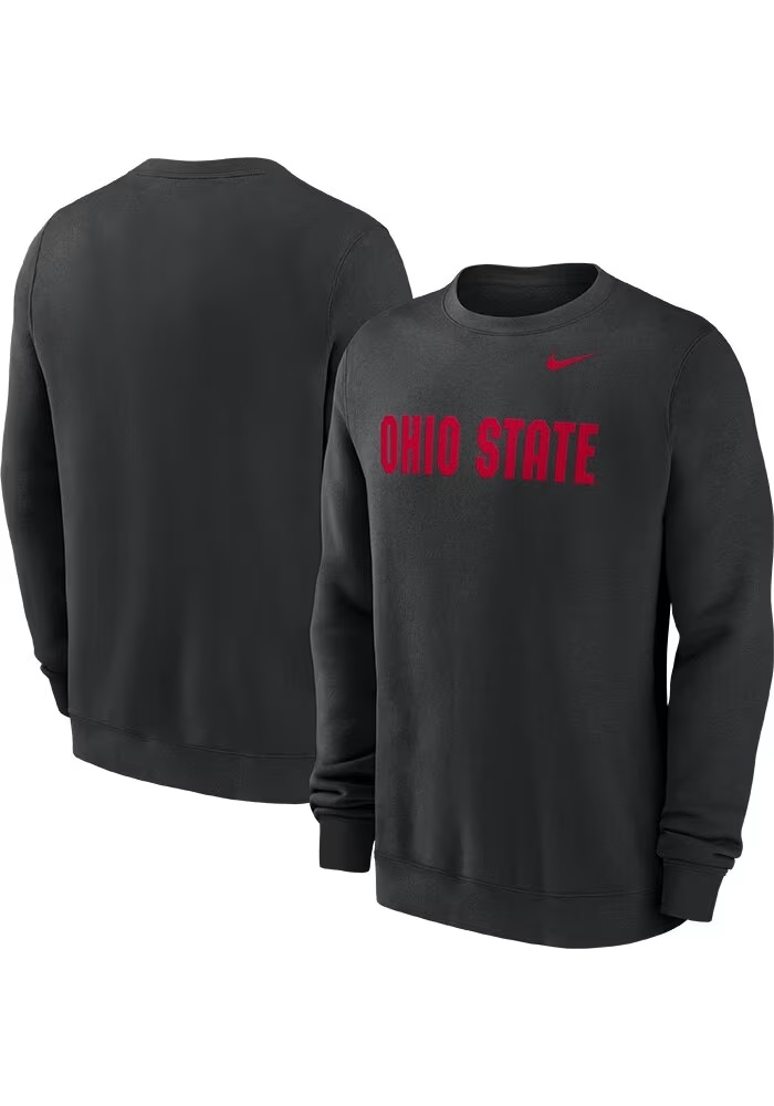 Mens Ohio State Buckeyes Black Nike Wordmark Club Fleece Crew Sweatshirt