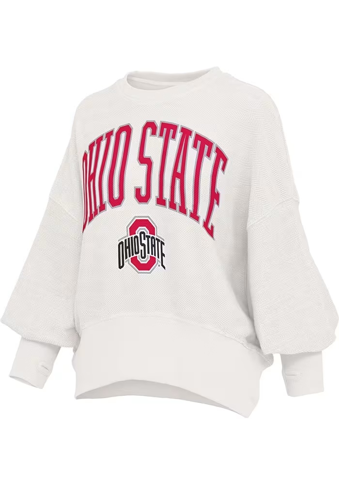 Womens Ohio State Buckeyes Ivory Pressbox New Zeland Everly Crew Sweatshirt