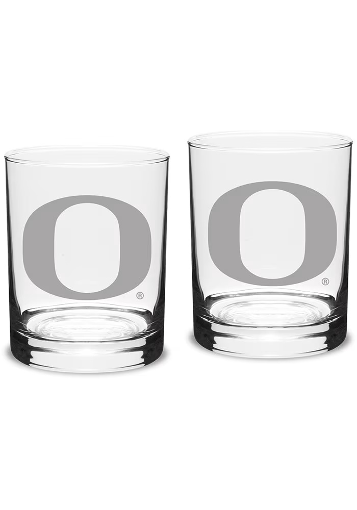 White Oregon Ducks Hand Etched 14oz Double Old Fashioned Set Rock Glass