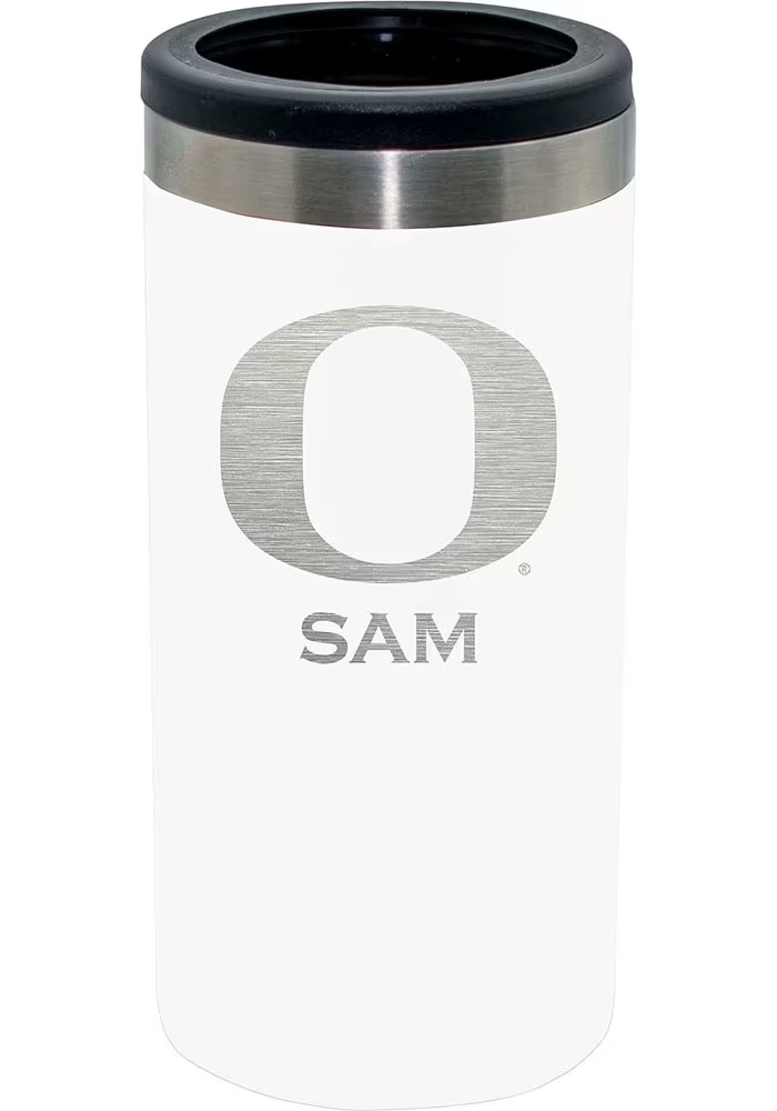 White Oregon Ducks Personalized Laser Etched 12oz Slim Can Stainless Steel Coolie