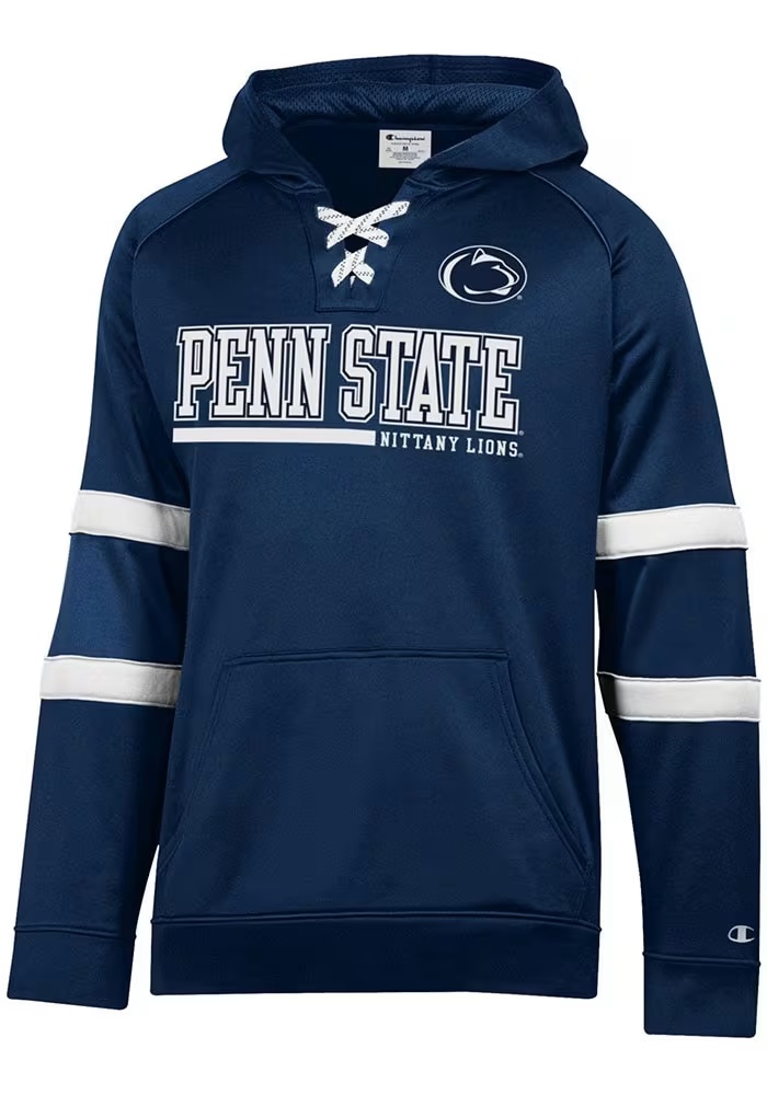 Mens Penn State Nittany Lions Navy Blue Champion Stadium Raglan Hockey Lace Up Long Sleeve Hoodie