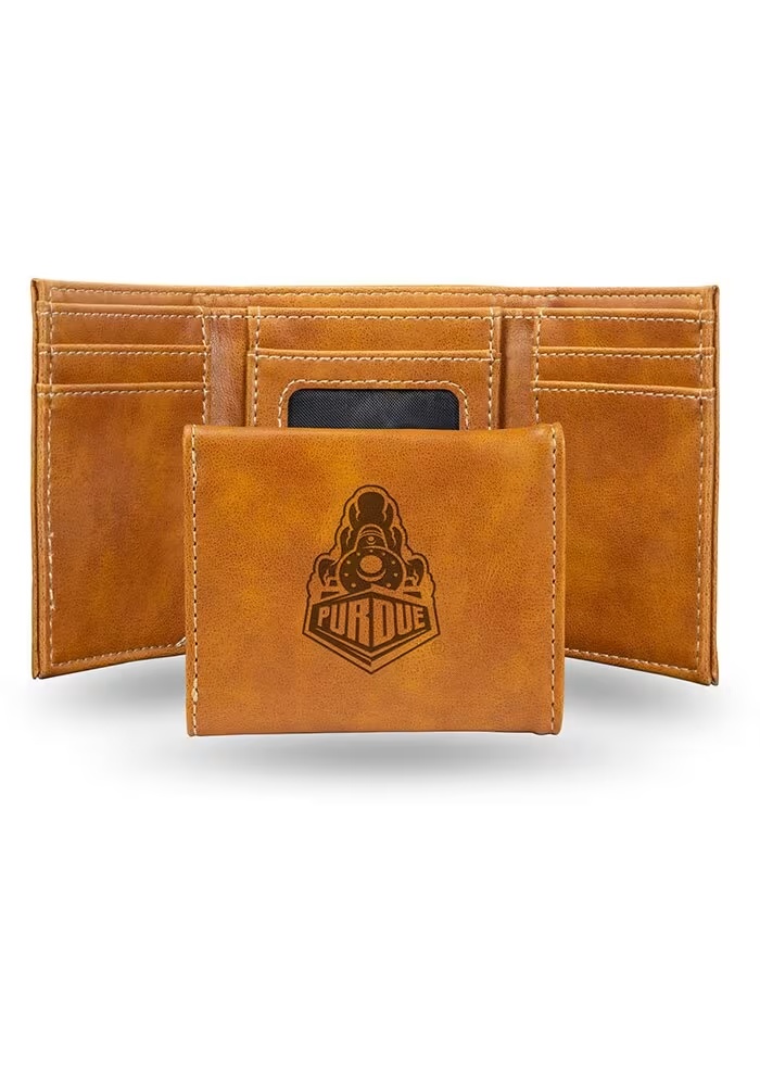 Laser Engraved Purdue Boilermakers Mens Trifold Wallet - Brown