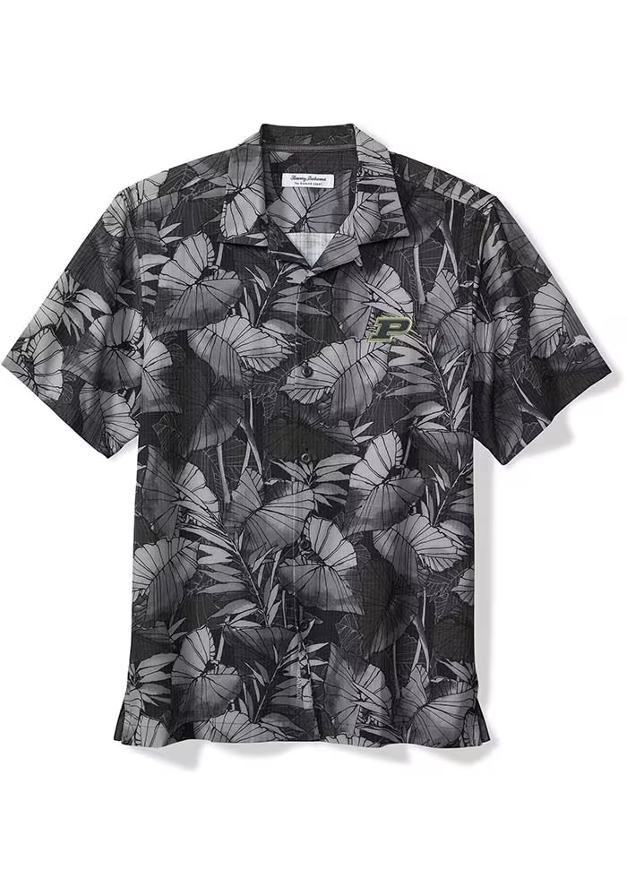 Mens Purdue Boilermakers Black Tommy Bahama SPORT BAHAMA FRONDS Short Sleeve Dress Shirt