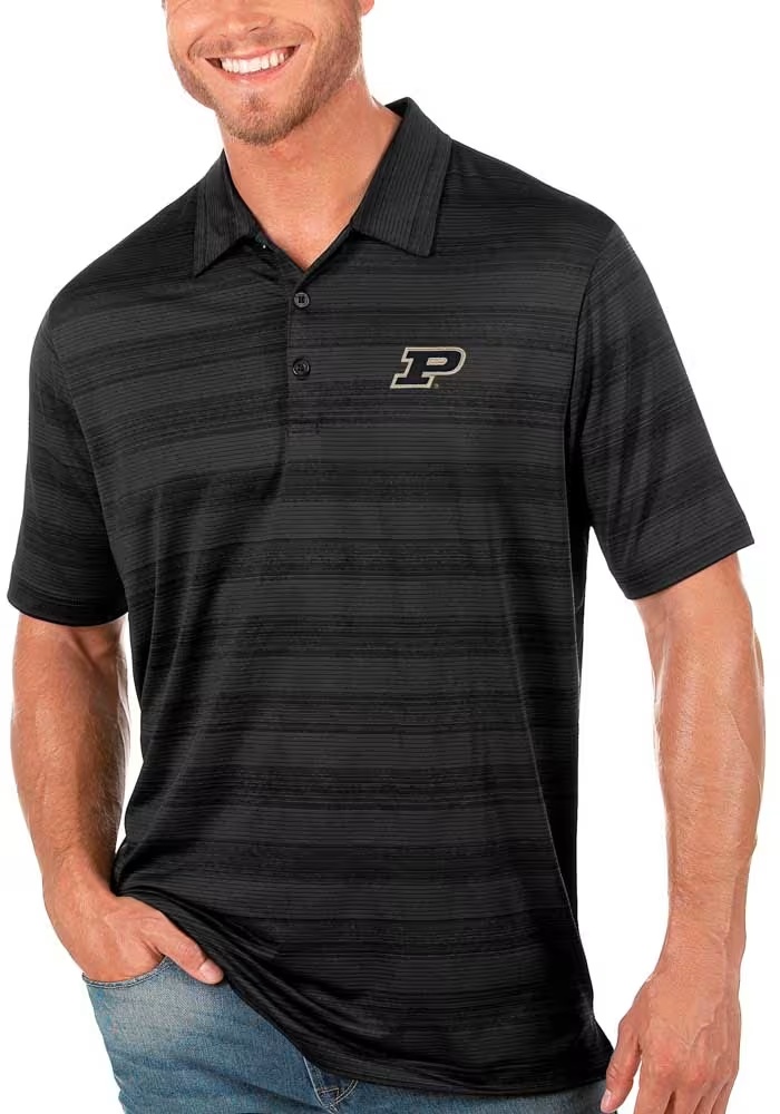 Mens Purdue Boilermakers Black Antigua Compass Short Sleeve Polo Shirt