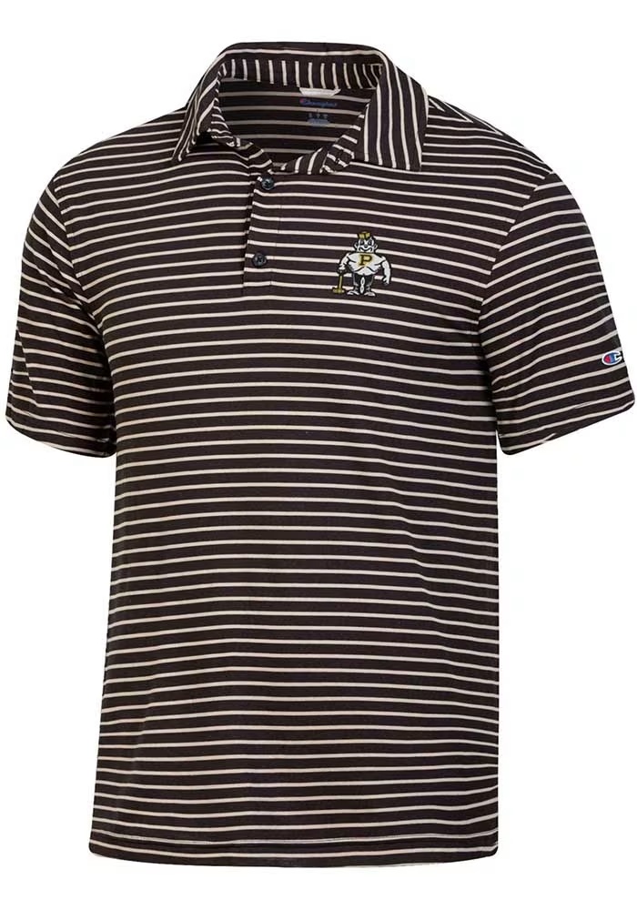 Mens Purdue Boilermakers Black Champion Tailgate Yarn Dyed Stripe Short Sleeve Polo Shirt