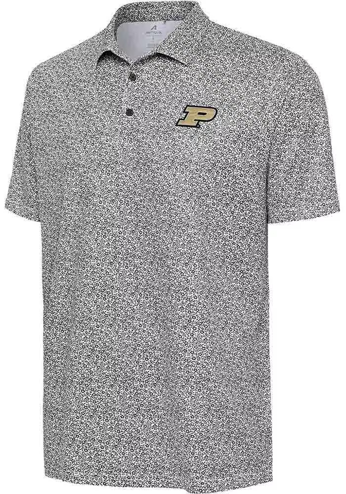 Mens Purdue Boilermakers Black Antigua Field Ditsy Short Sleeve Polo Shirt