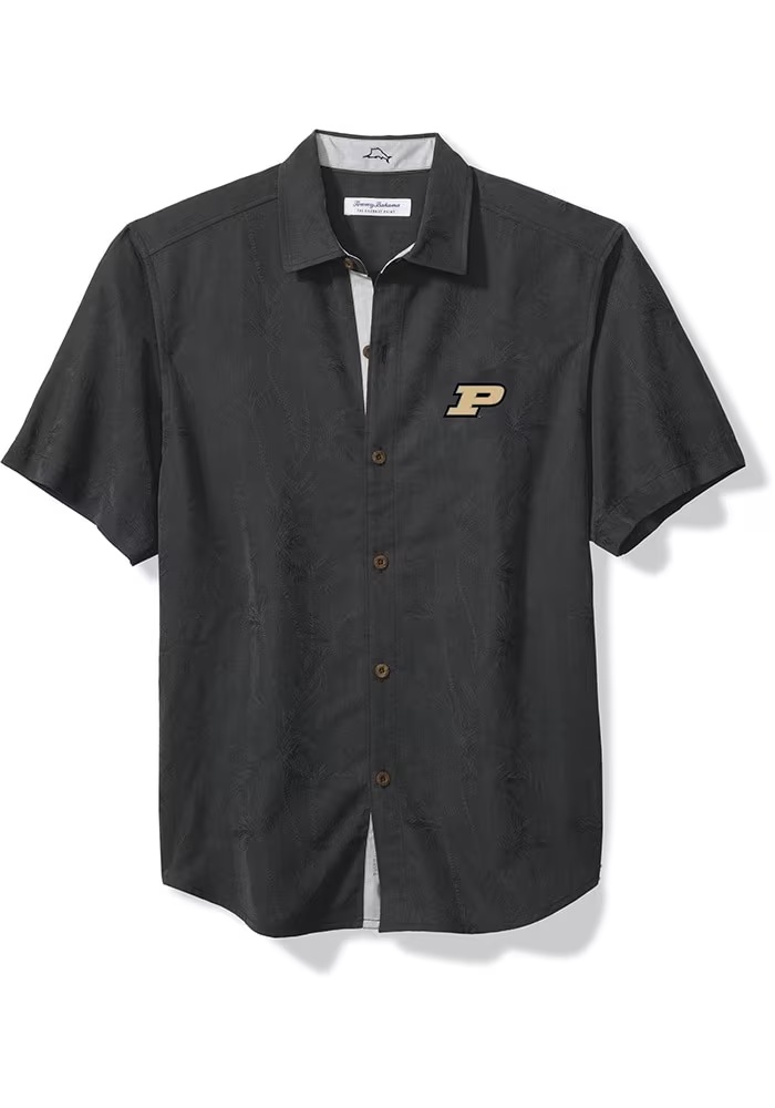 Mens Purdue Boilermakers Black Tommy Bahama Coconut Point Isla Palm Vista Short Sleeve Dress Shirt