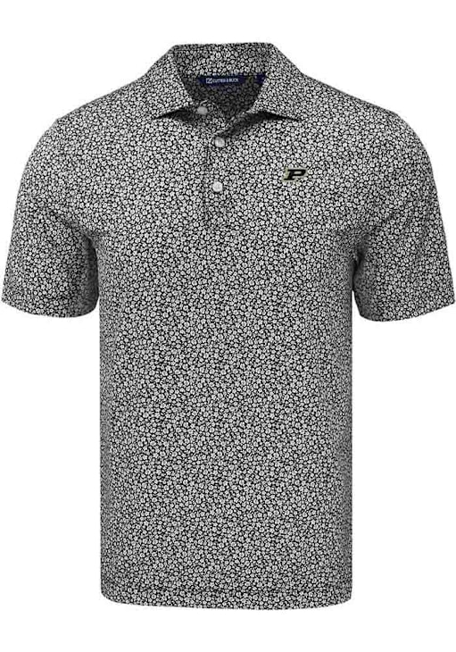 Mens Purdue Boilermakers Black Cutter and Buck Pike Flora Short Sleeve Polo Shirt