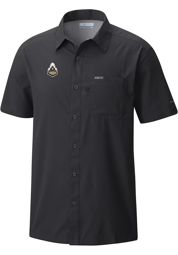 Mens Purdue Boilermakers Black Columbia Heat Seal Slack Tide Camp Short Sleeve Dress Shirt