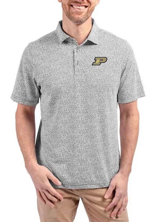Mens Purdue Boilermakers Black Cutter and Buck Virtue Eco Pique Botanical Short Sleeve Polo Shirt