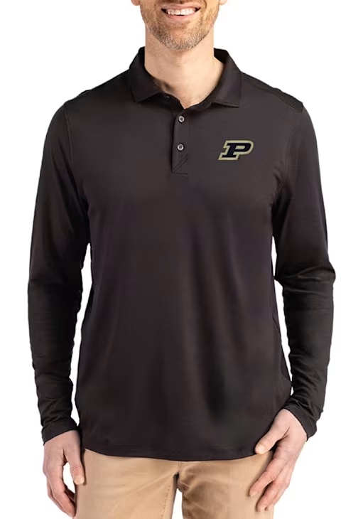 Mens Purdue Boilermakers Black Cutter and Buck Coastline Long Sleeve Polo Shirt
