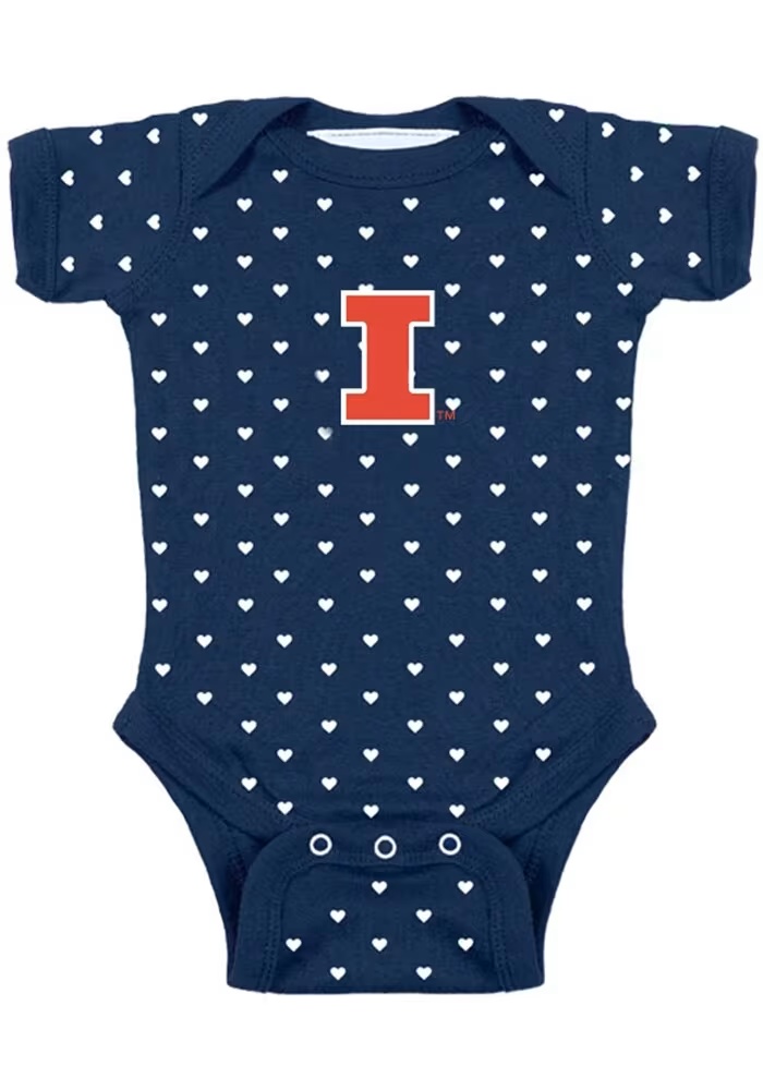 Baby Navy Blue Illinois Fighting Illini Heart Short Sleeve One Piece