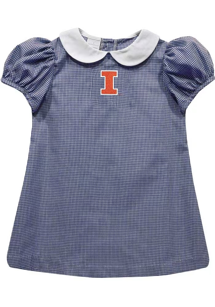 Baby Girls Illinois Fighting Illini Navy Blue Vive La Fete Gingham Collar Short Sleeve Dress
