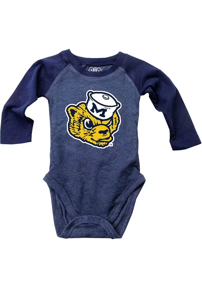 Baby Michigan Wolverines Blue Wes and Willy Raglan Mascot Long Sleeve One Piece