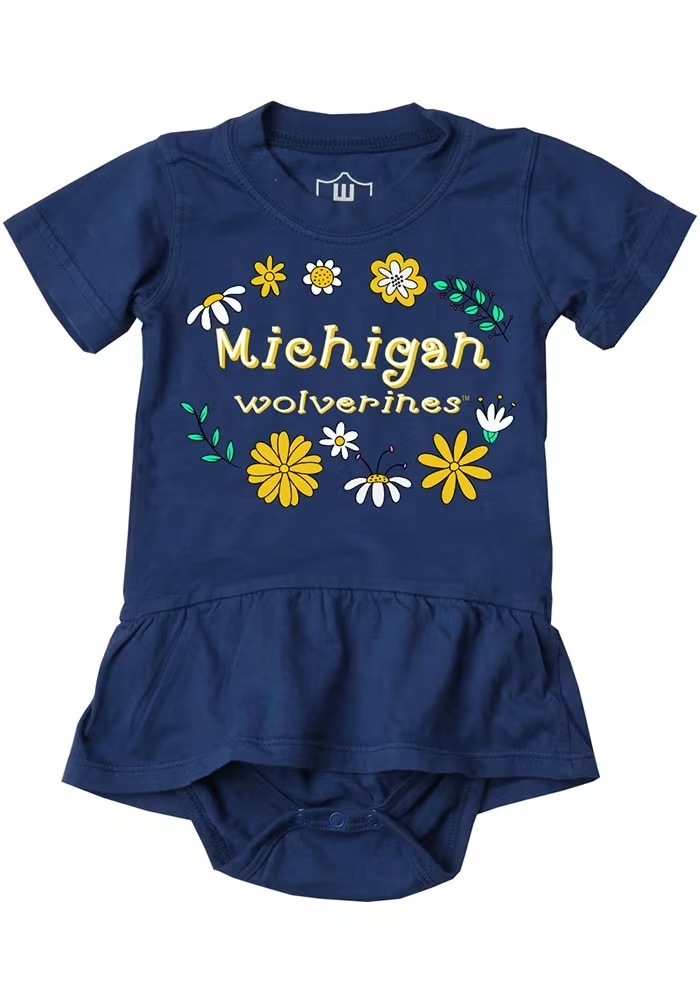 Baby Michigan Wolverines Blue Wes and Willy Peplum Short Sleeve One Piece