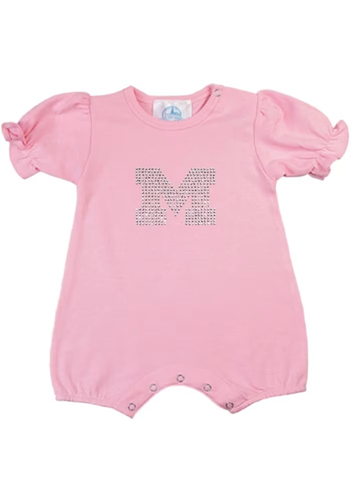 Baby Pink Michigan Wolverines Clear Stones Short Sleeve One Piece