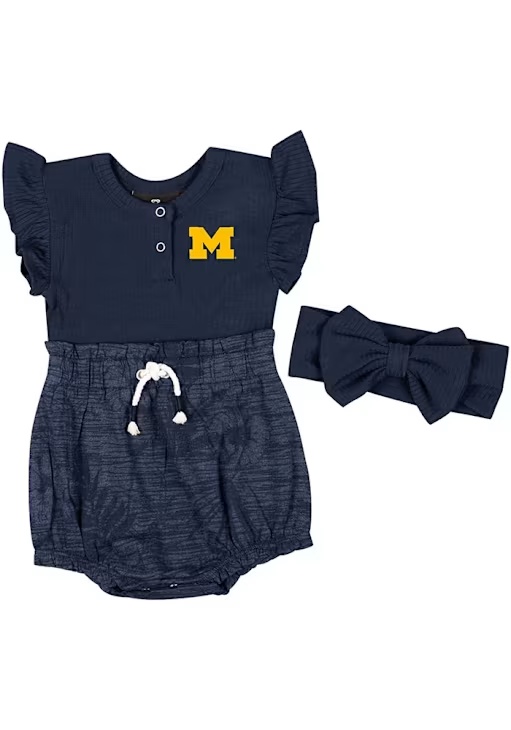 Baby Michigan Wolverines Blue Colosseum Fern Headband Set Short Sleeve One Piece