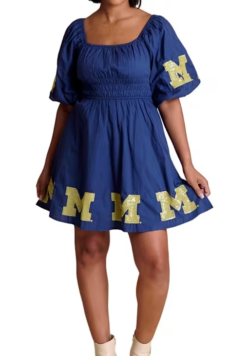 Womens Michigan Wolverines Blue  Puff Sleeve Sequin Short Sleeve Dress