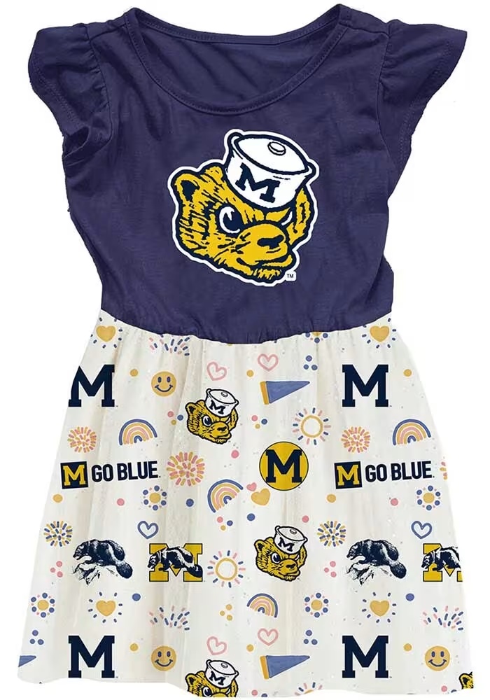 Baby Girls Michigan Wolverines Blue Wes and Willy Vault Princess Short Sleeve Dress