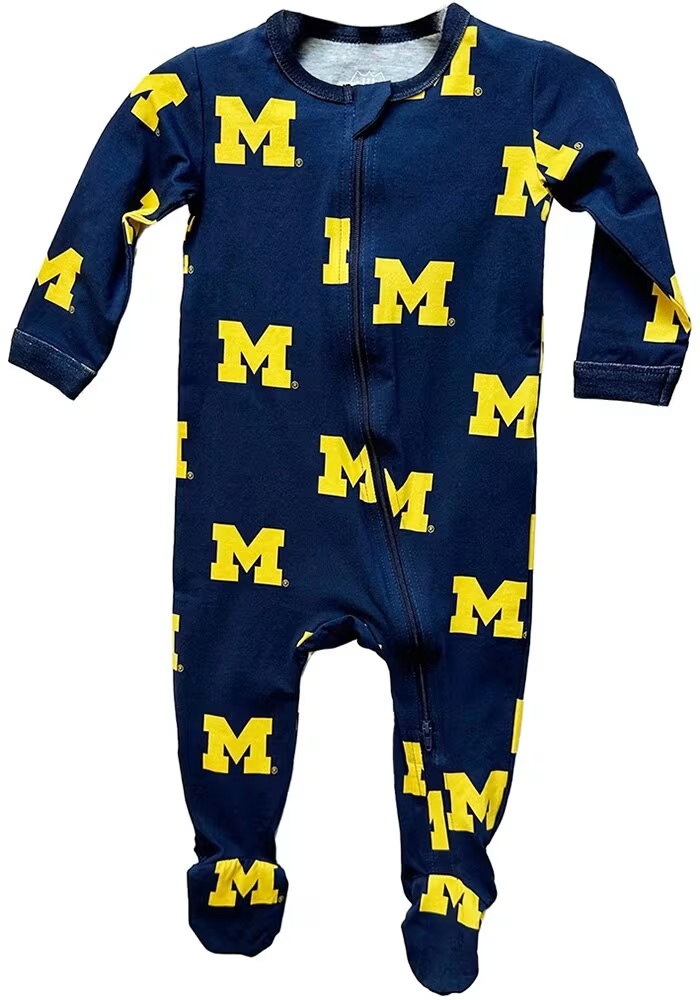 Baby Michigan Wolverines Blue Wes and Willy All Over Footie Loungewear One Piece Pajamas