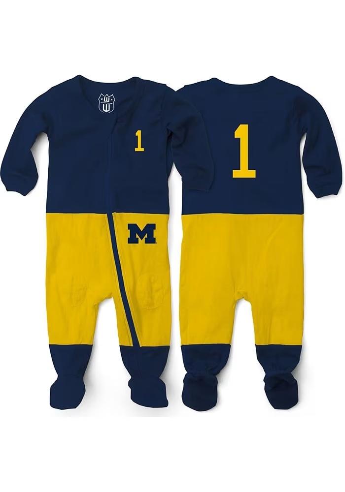 Baby Michigan Wolverines Blue Wes and Willy Football Zip Loungewear One Piece Pajamas