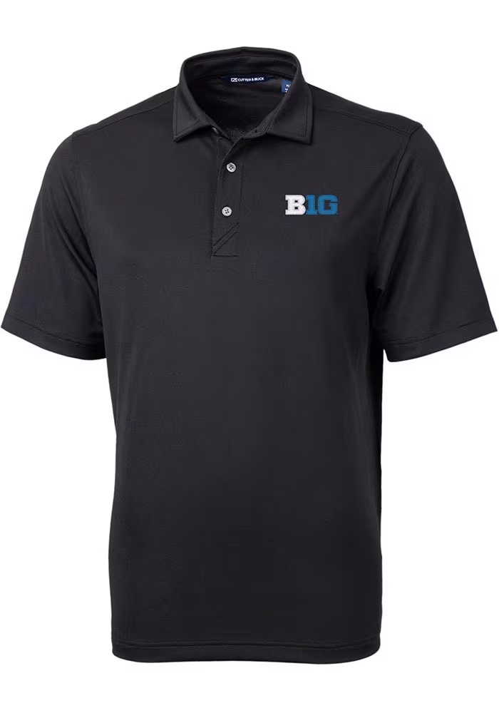 Mens Big Ten Black Cutter and Buck Virtue Eco Pique Short Sleeve Polo Shirt