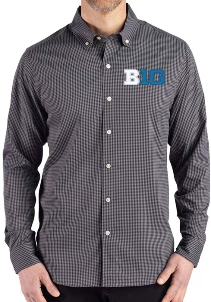 Mens Big Ten Black Cutter and Buck Gingham LS Woven Long Sleeve Dress Shirt