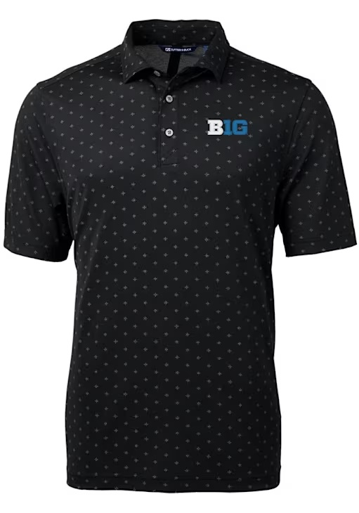 Mens Big Ten Black Cutter and Buck Virtue Eco Pique Tile Short Sleeve Polo Shirt