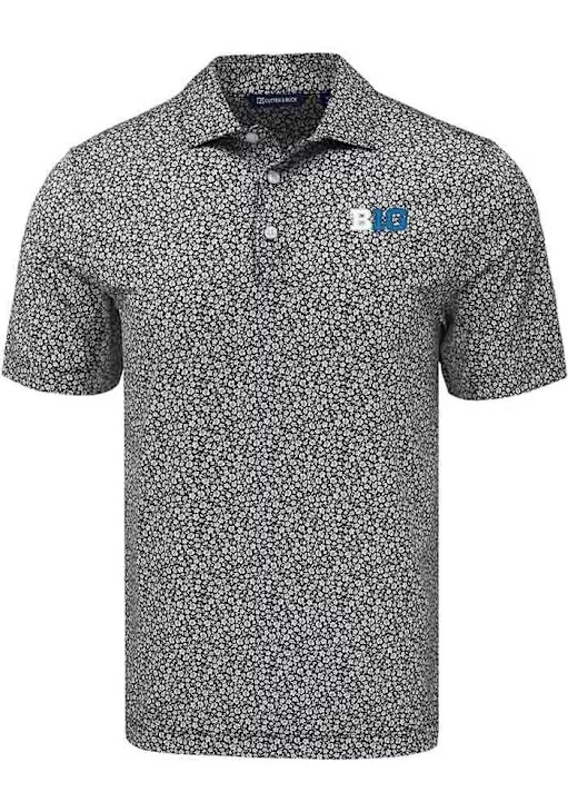 Mens Big Ten Black Cutter and Buck Pike Flora Short Sleeve Polo Shirt