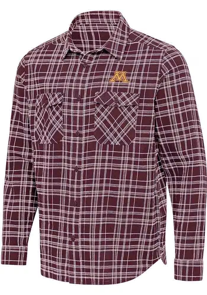 Mens Minnesota Golden Gophers Maroon Antigua Private Long Sleeve Dress Shirt