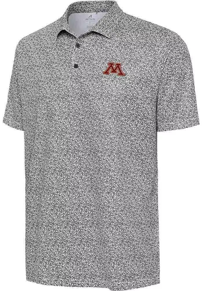 Mens Minnesota Golden Gophers Black Antigua Field Ditsy Short Sleeve Polo Shirt