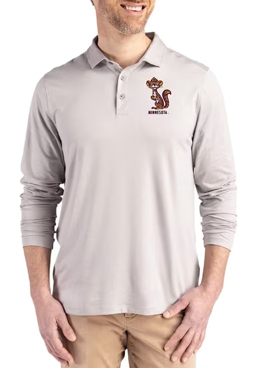 Mens Minnesota Golden Gophers Grey Cutter and Buck Vault Coastline Long Sleeve Polo Shirt