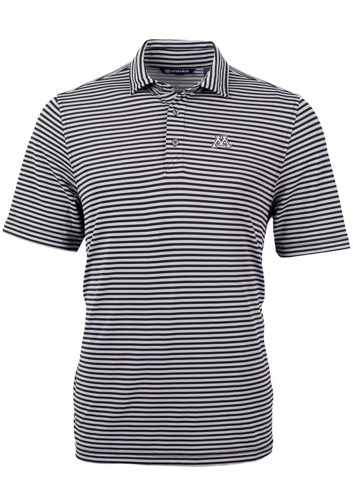 Mens Minnesota Golden Gophers Black Cutter and Buck Virtue Eco Pique Stripe Short Sleeve Polo Shir..