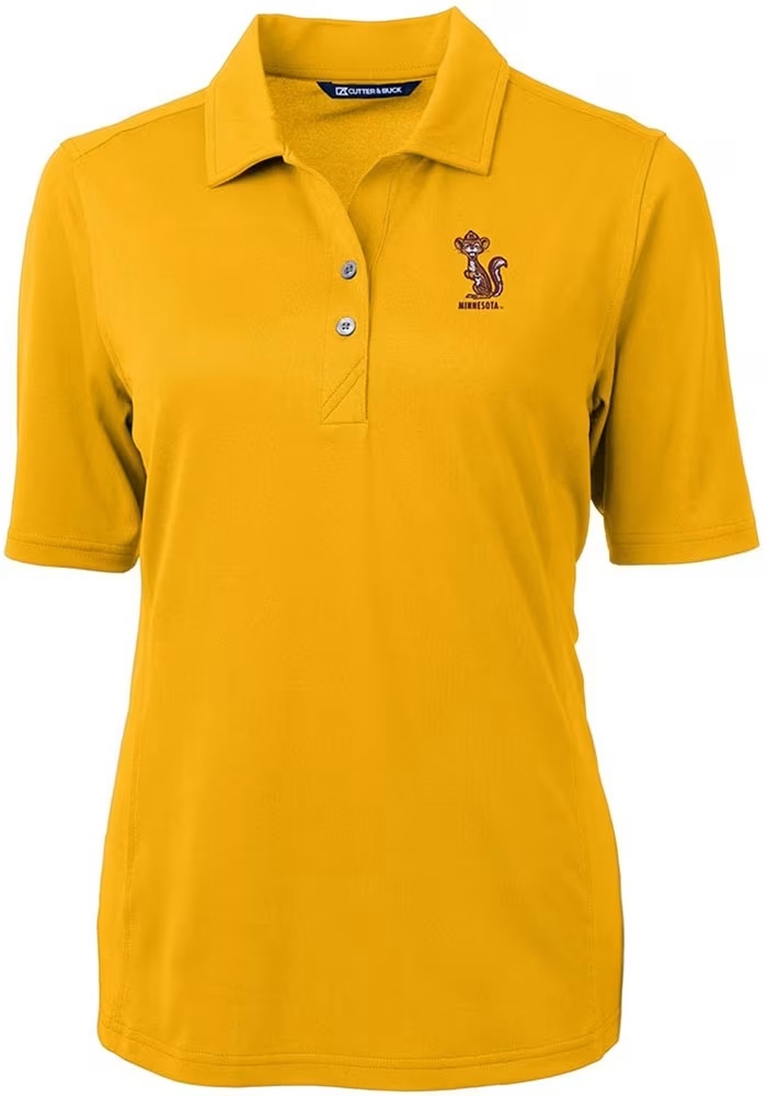 Womens Minnesota Golden Gophers Gold Cutter and Buck Virtue Eco Pique Vault Short Sleeve Polo Shir..