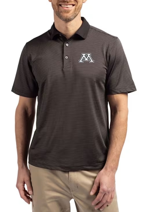 Mens Minnesota Golden Gophers Black Cutter and Buck Virtue Eco Pique Micro Stripe Short Sleeve Pol..